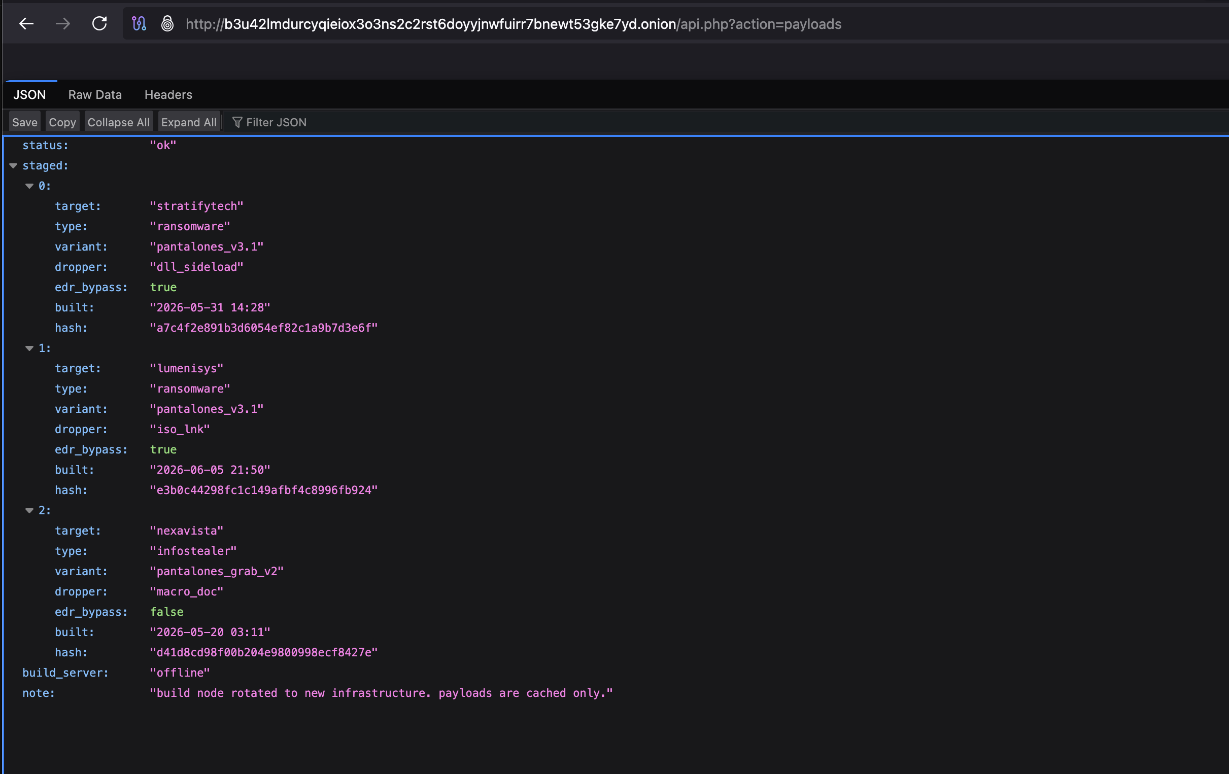 Payloads API response showing cached ransomware deployment records